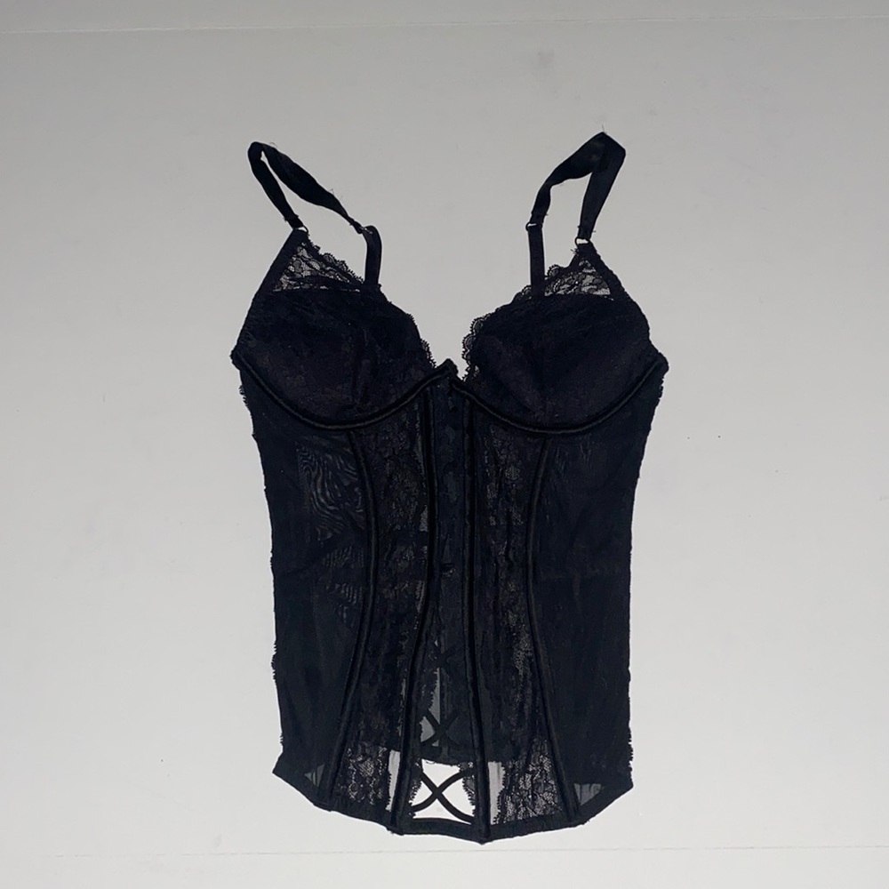 Victoria’s Secret Black Lace Sheer Overlay Corset Bustier Top Or Lingerie 34C